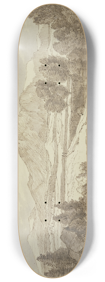 Jacob Esselens - Ebene vor dem Gebirge, rechts ein See, auf dem Weg verschiedene Figuren 8.25 inch art skate deck