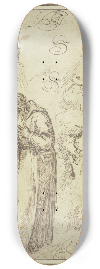 Jacopo Palma il Giovane - Study sheet with St Francis, an Annunciation and three studies of heads 8.25 inch art skate deck