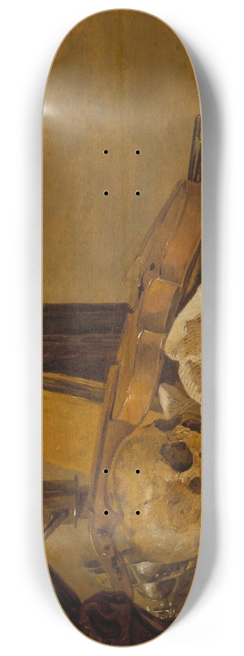 Jacques de Claeuw - A vanitas still life with a skull, musical instruments, books, playing cards, an ink pot, an overturned tazza and an oil lamp on a draped table 8.25 inch art skate deck