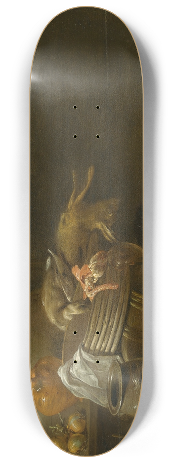 Jan Olis - A Kitchen Still Life Of AHare, A Mallard,Artichokes, Cabbage, Pears, A Fish On An Earthenware Platter, And Pots And Pans 8.25 inch art skate deck
