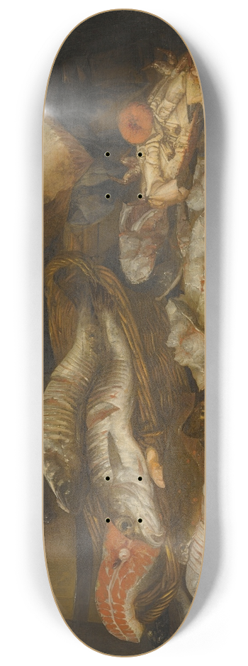 Abraham van Beijeren - A Still Life WithSalmon, Plaice, A Crab And Other Fish Arranged On A Table, AView Of TheSea Beyond 8.25 inch art skate deck