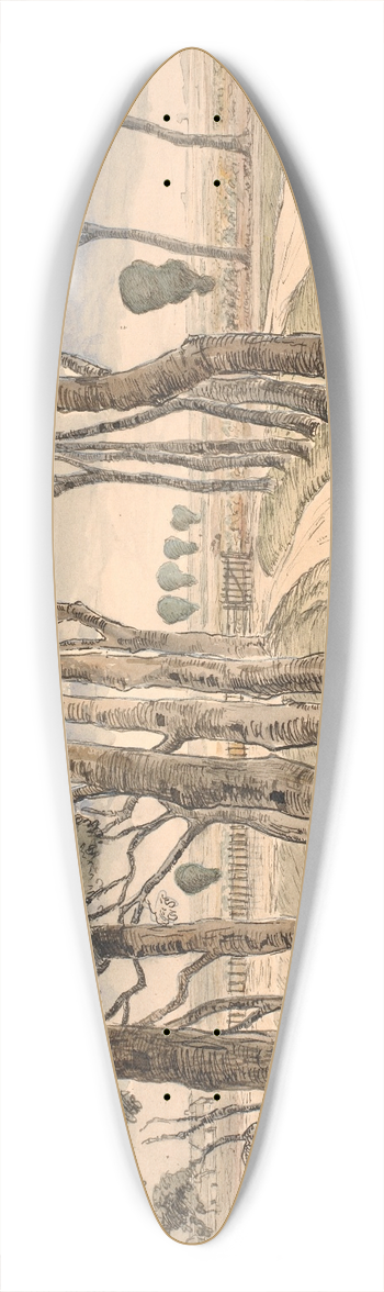Johan Rohde - Field landscape. In the foreground a road with trees 39.3 inch art pintail longboard deck
