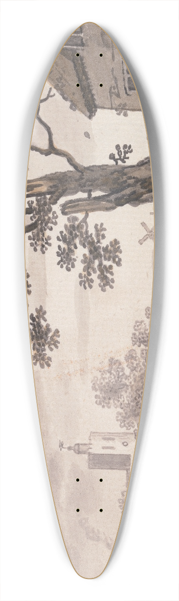John Collet - River Scene with Church, Cottage and Windmill 39.3 inch art pintail longboard deck