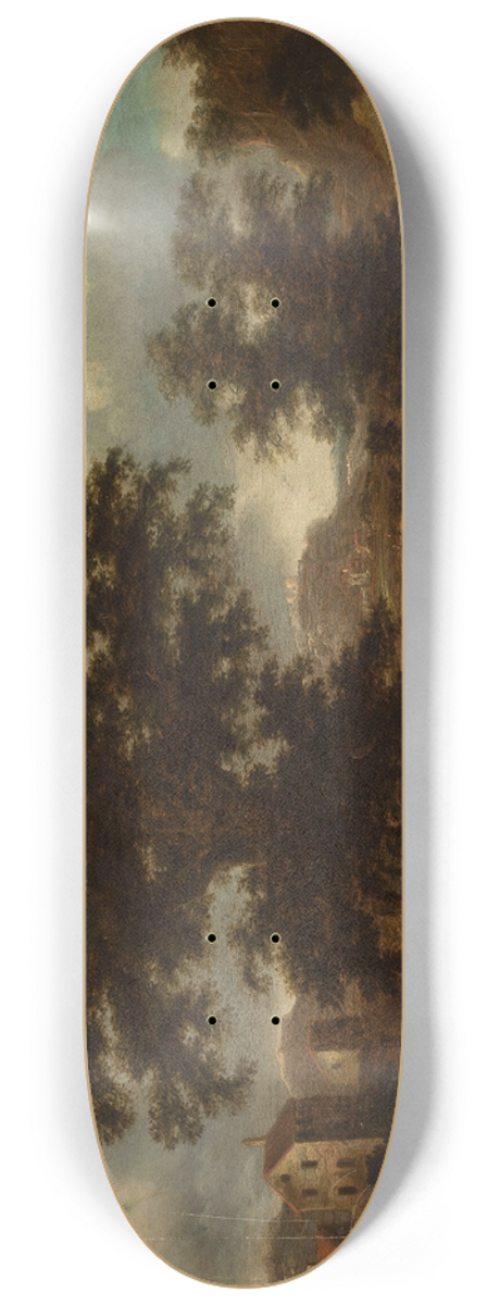 Georg Heinrich Hergenrder - Landscape with a bridge, a large tree and travellers 8.25 inch art skate deck