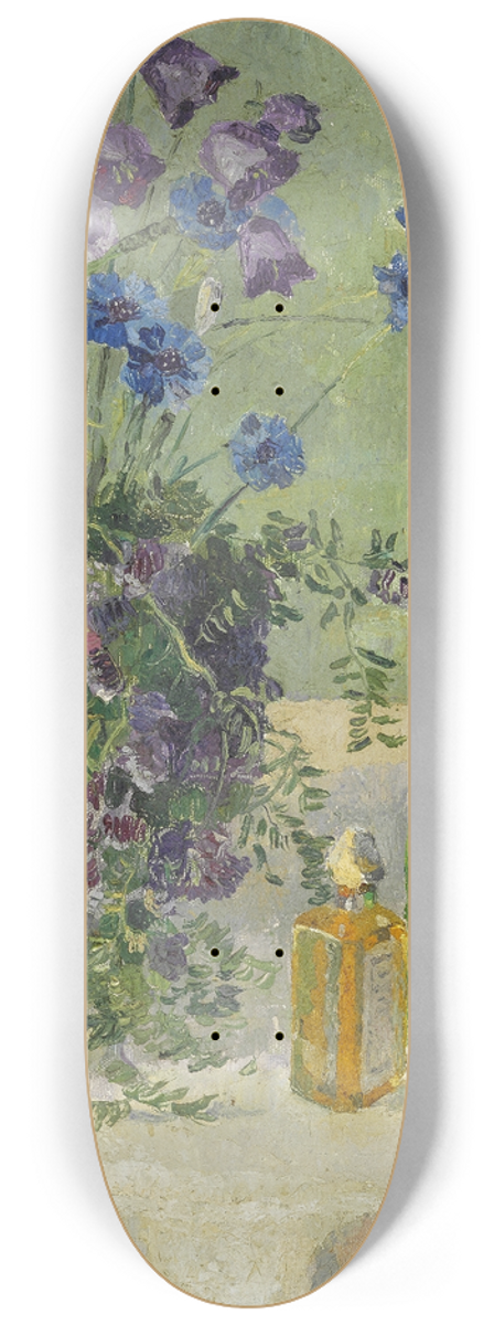 Gerda Wegener - Still life with blue flowers and two bottles on a table 8.25 inch art skate deck