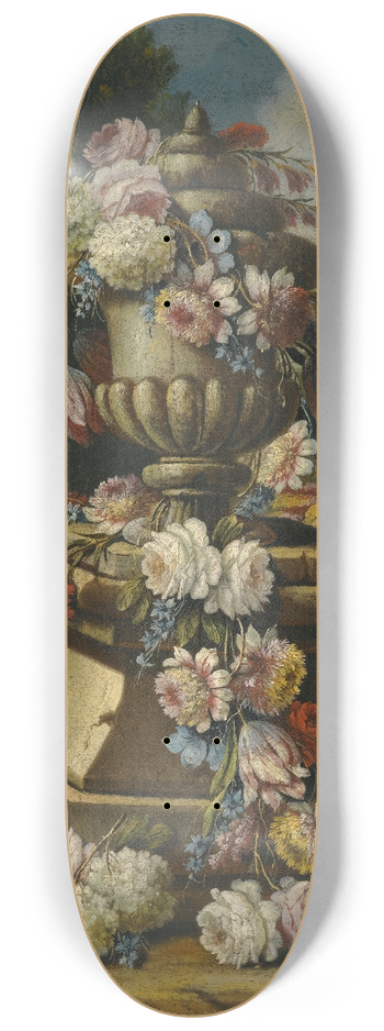 Giacomo Nani - A Still Life With A Garland Of Roses, Tulips, Carnations And Other Flowers, Draped Around A Stone Urn In A Landscape 8.25 inch art skate deck