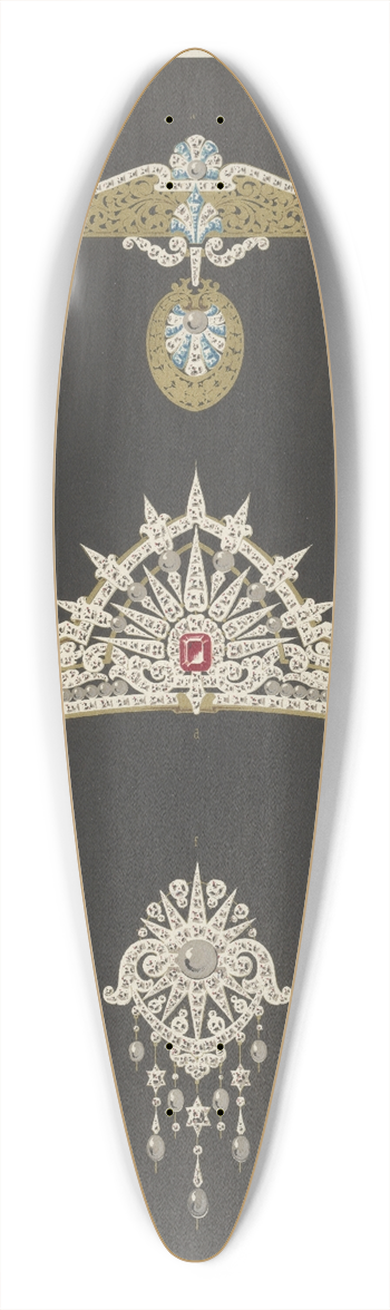 Martin Gerlach - Seven Designs For Jewelry, Including Tiara With Red Stone. 39.3 inch art pintail longboard deck