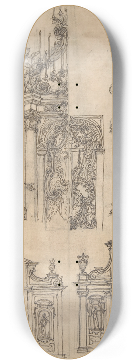 Giovanni Battista Foggini - A Sheet of Studies with Architectural Motifs and Two Sketches for a Visitation 8.25 inch art skate deck