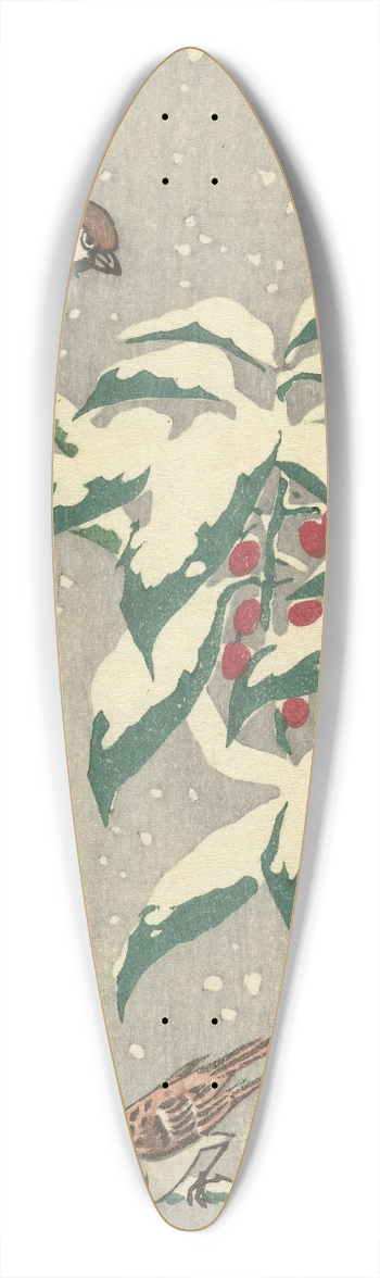 Ohara Koson - Sparrows on snowy currant bush 39.3 inch art pintail longboard deck