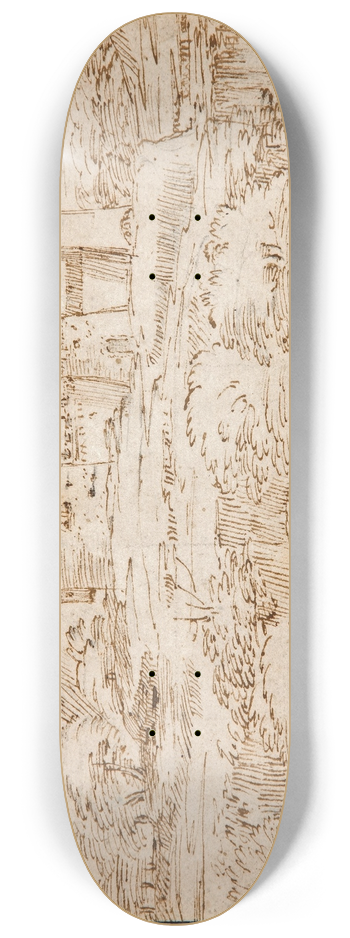 Giovanni Francesco Grimaldi - A landscape with a castle above a belt of trees 8.25 inch art skate deck