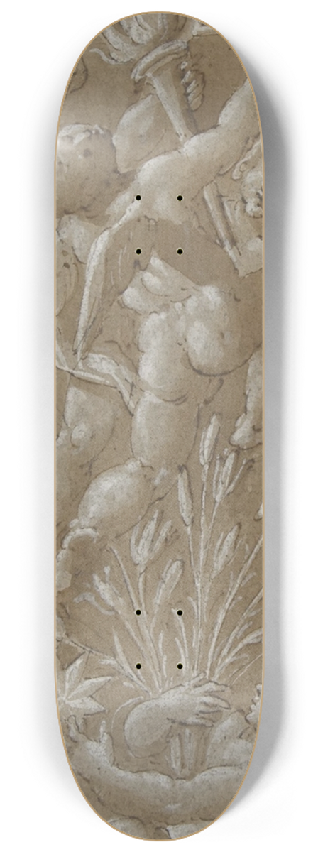 Giovanni Mauro della Rovere - Two Pilaster with White Putti on Tan Ground 8.25 inch art skate deck