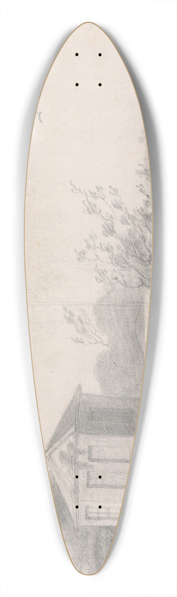 Richard Wilson - Riverside Scene with Figures, Hexagonal Building Left and Horse-Drawn Wagon Crossing Bridge at Right 39.3 inch art pintail longboard deck