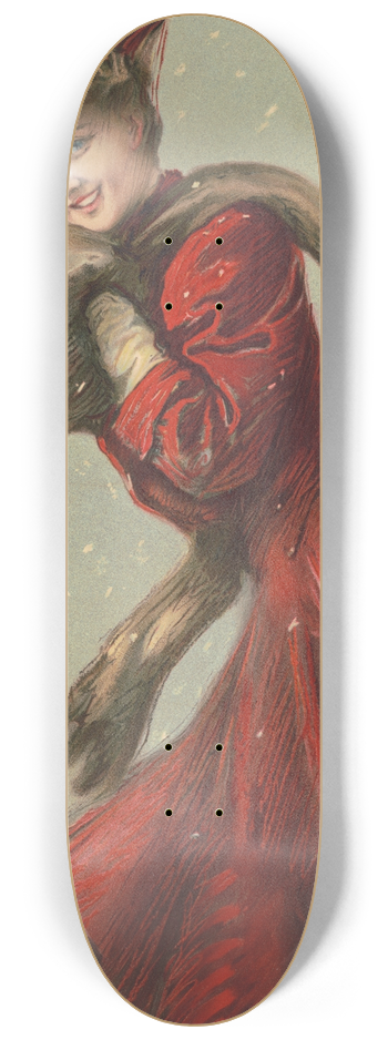 Gray Litho. Co - Woman wearing red coat and hat with fur muffler in the snow 8.25 inch art skate deck