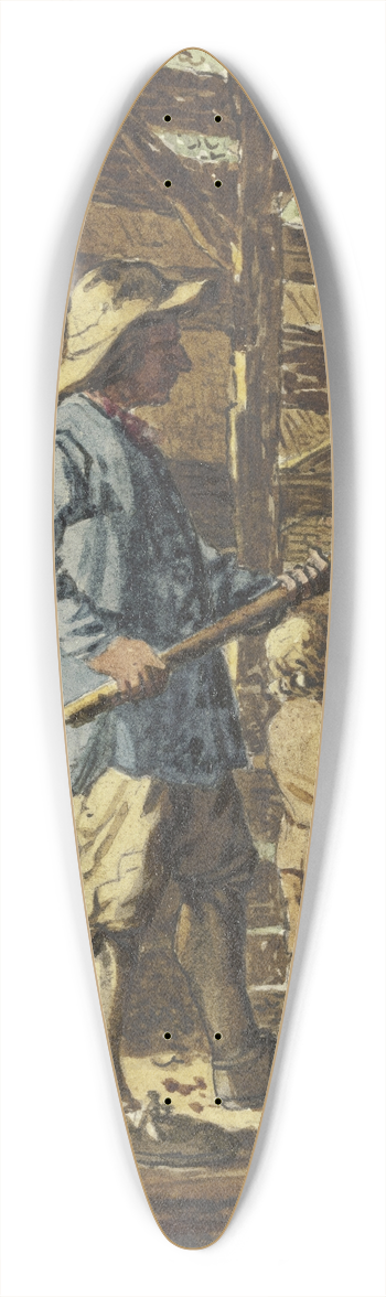 Steven Gobl - In einem Bretterverschlag steht ein Mann mit einem Stock in abwehrender Haltung, vor ihm ein Knabe, seinen Hut vor den Krper haltend 39.3 inch art pintail longboard deck