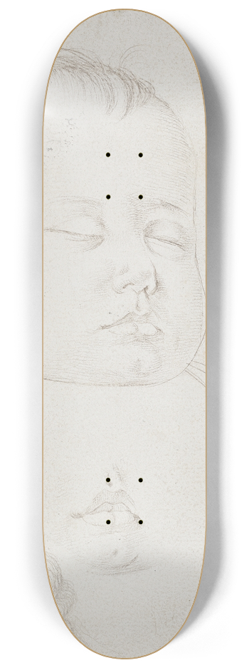 Hans Baldung - Hovedet af en sovende smdreng Trekvartprofil mod hjre Herunder barnets halvbne mund Herunder hovedet af en midaldrene mand i profil mod venstre 8.25 inch art skate deck