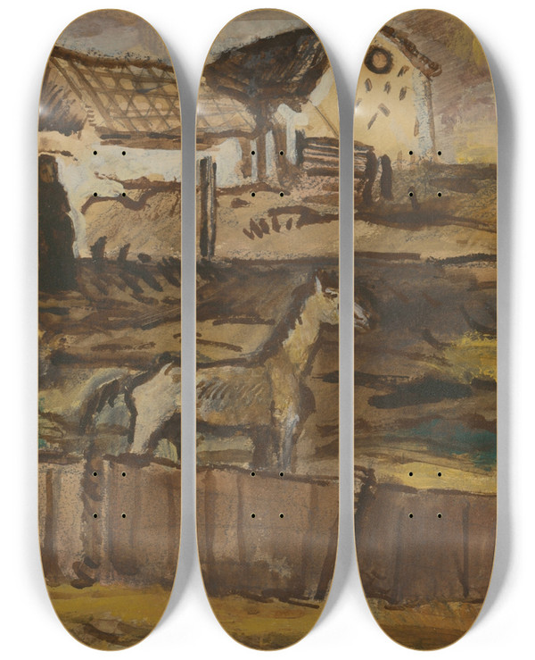 Triptych art skateboard deck of Cyprin Majernk On The Pasture by Cyprian Majernik (1909-1945)