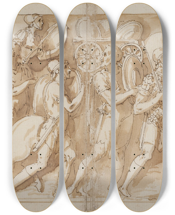 Triptych art skateboard deck of Giovanni Guerra Romere P March Marcus Aurelius Pompejus Og En Oppasser Overvrer Marchen Ophold P Marchen by Giovanni Guerra (1544-1618)