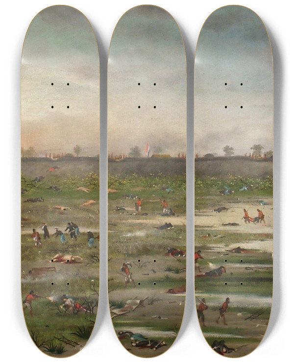 Triptych art skateboard deck of Cndido Lopez Despus De La Batalla De Curupayt_2 by Candido Lopez (1840-1902)
