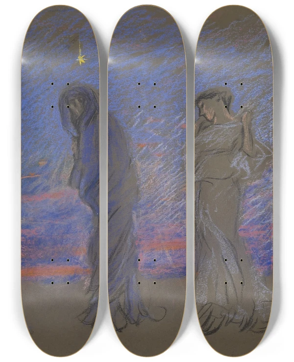 Triptych art skateboard deck of Edwin Austin Abbey Thehours by Edwin Austin Abbey (1852-1911)