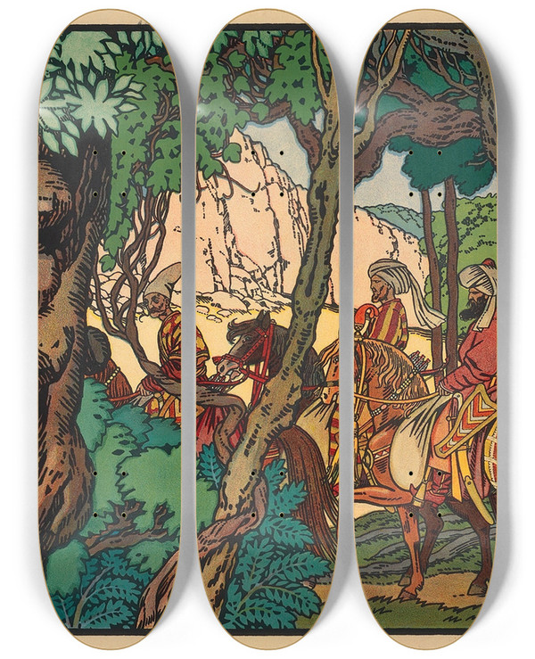 Triptych art skateboard deck of Ivan Bilibin The Hunt by Ivan Bilibin (1876-1942)