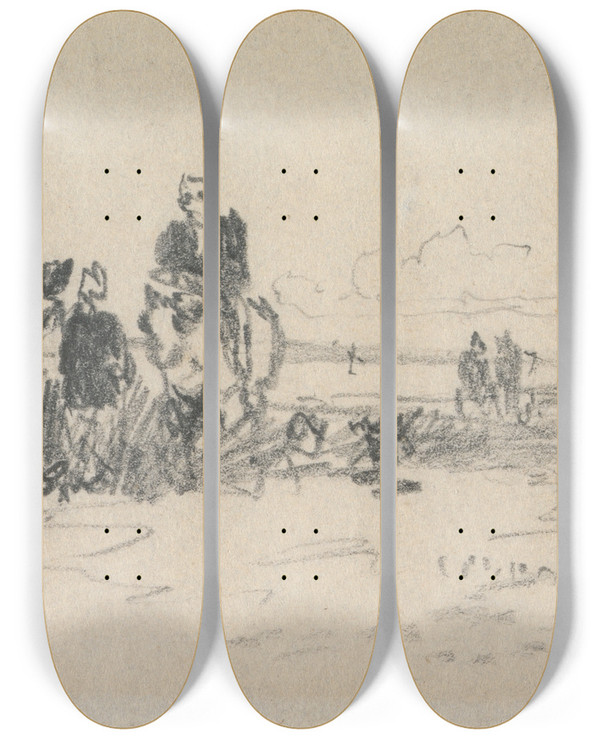 Triptych art skateboard deck of Thomas Creswick Figures On The Shore by Thomas Creswick (1811-1869)