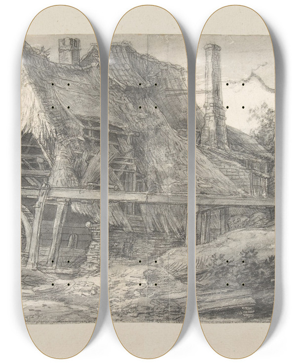 Triptych art skateboard deck of Antonie Waterloo Landscape With A Mill by Antonie Waterloo (1609-1690)