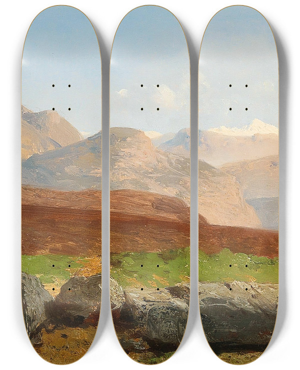 Triptych art skateboard deck of Albert Zimmermann Mountain Landscape by Albert Zimmermann (1808-1888)