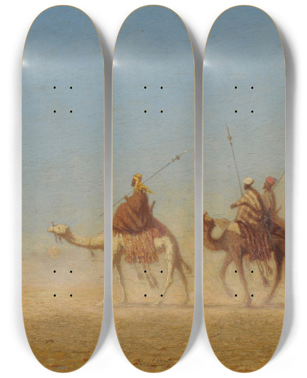 Triptych art skateboard deck of Charles Thodore Frre Caravane Traversant Le Dsert by Charles Theodore Frere (1814-1888)