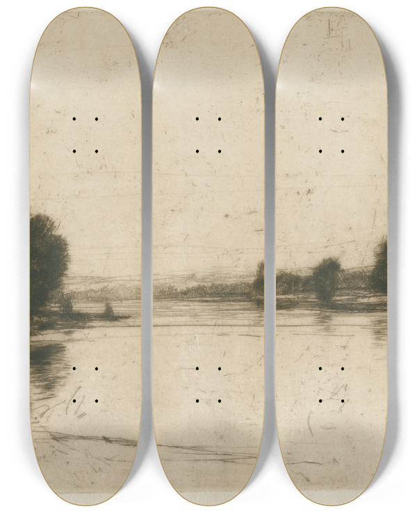 Triptych art skateboard deck of David Young Cameron Murthly On The Tay by David Young Cameron (1865-1945)
