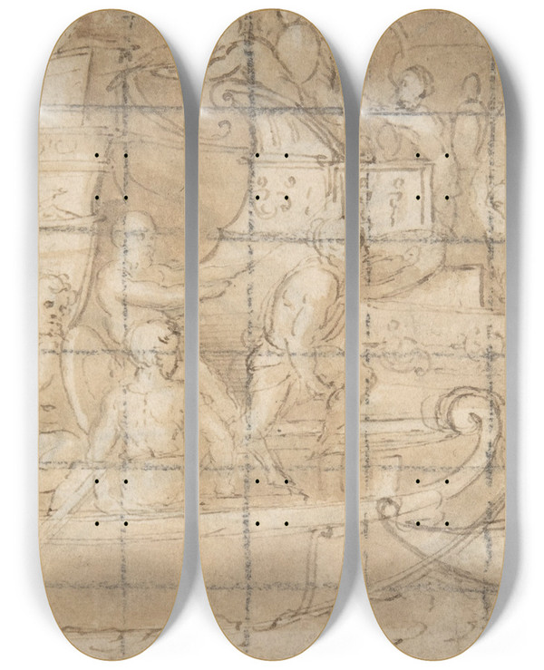 Triptych art skateboard deck of Lattanzio Gambara Antique Naval Battle by Lattanzio Gambara (1525-1574)