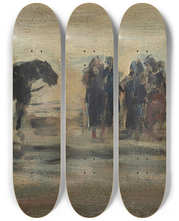 Triptych art skateboard deck of Eugne Boudin Berck Chariot Et Pcheuses Sur La Plage by Eugene Boudin (1824-1898)