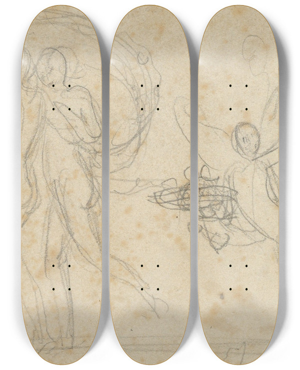 Triptych art skateboard deck of Bertel Thorvaldsen The Three Graces And Putti by Bertel Thorvaldsen (1770-1844)