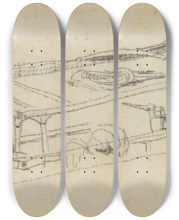 Triptych art skateboard deck of Charles Meryon Study For Le Petit Pont by Charles Meryon (1821-1868)