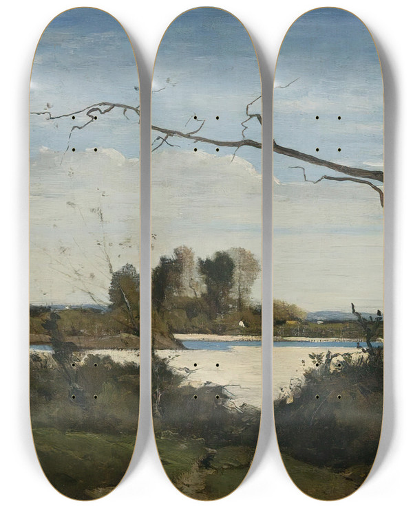 Triptych art skateboard deck of Henrijoseph Harpignies Bords De La Loire Study For Les Corbeaux Paysage by Henri Joseph Harpignies (1819-1916)