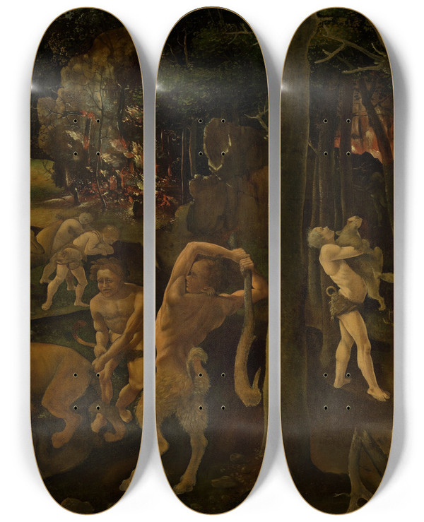 Triptych art skateboard deck of Piero Di Cosimo A Hunting Scene by Piero di Cosimo (1462-1521)
