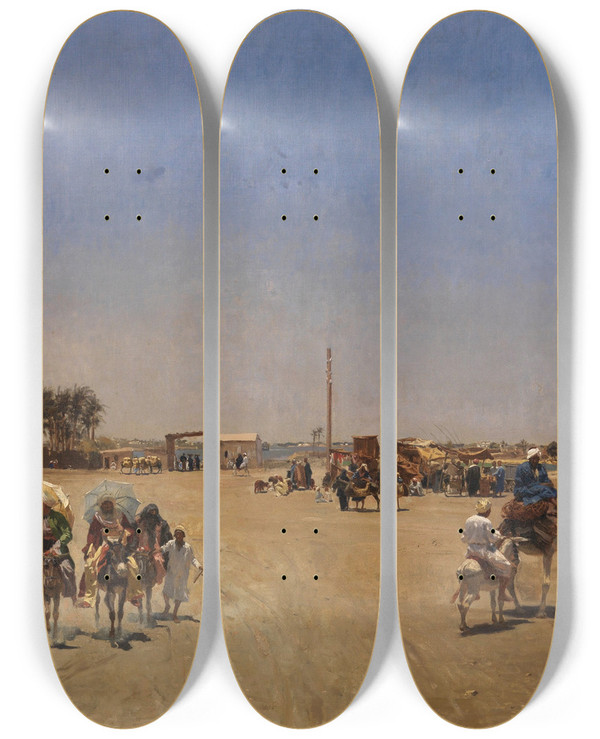 Triptych art skateboard deck of Emile Charles Wauters Cairo Seen From The Kasrelnil Bridge by Emile Charles Wauters (1846-1933)