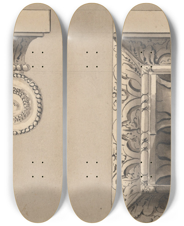 Triptych art skateboard deck of Richard De Lalonde Two Designs For Ornament by Richard de Lalonde (1780-1790)