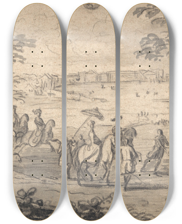 Triptych art skateboard deck of Jan Wyck A Hunting Party by Jan Wyck (1645-1702)