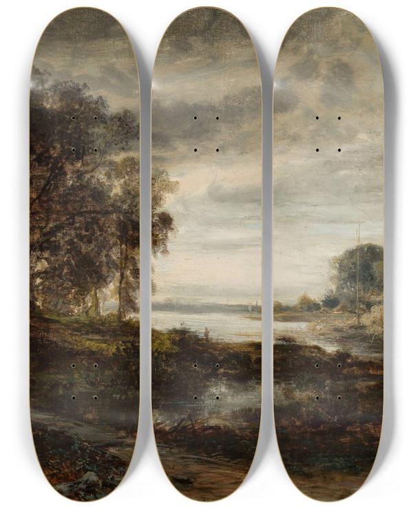 Triptych art skateboard deck of Adolf Dressler Landscape Of The Oder River by Adolf Dressler (1833-1881)
