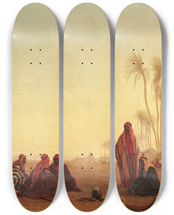 Triptych art skateboard deck of Charles Thodore Frre Halte Loasis by Charles Theodore Frere (1814-1888)