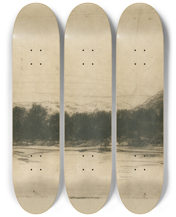 Triptych art skateboard deck of David Young Cameron Sketch On The Tay by David Young Cameron (1865-1945)