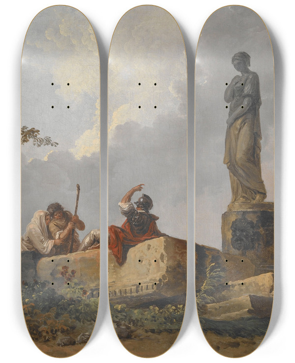 Triptych art skateboard deck of Hubert Robert The Statue by Hubert Robert (1733-1808)