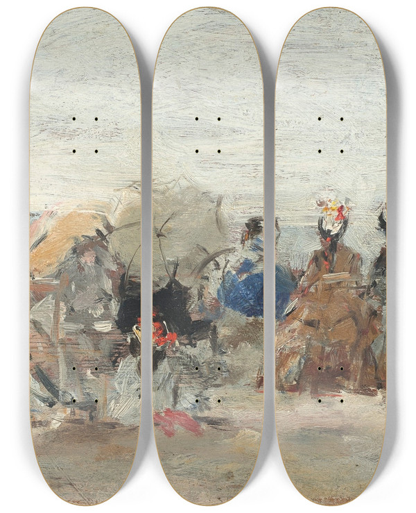 Triptych art skateboard deck of Eugne Boudin Trouville Scne De Plage_6 by Eugene Boudin (1824-1898)