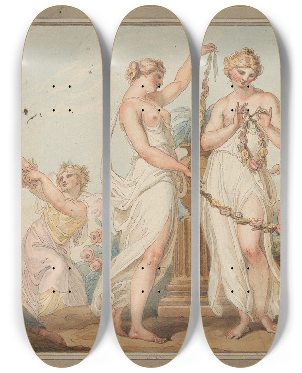 Triptych art skateboard deck of Edward Francis Burney Allegory For Spring by Edward Francis Burney (1760-1848)