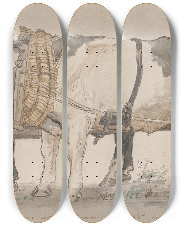 Triptych art skateboard deck of P C Skovgaard Two Oxen Pulling A Cart by P C Skovgaard (1817-1875)