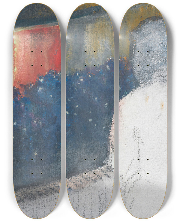 Triptych art skateboard deck of Marcel Jefferys The Box The Theater by Marcel Jefferys (1872-1924)