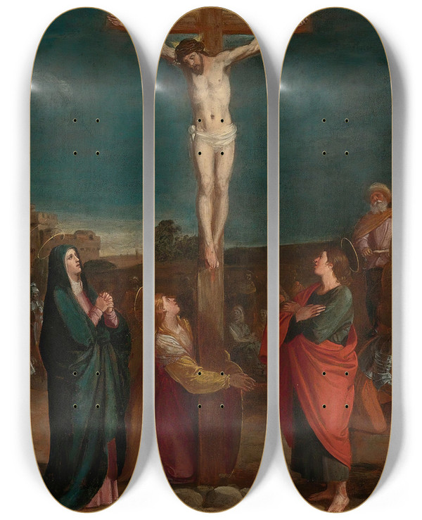 Triptych art skateboard deck of Bartolomeo Carducci Crucifixion With Thieves by Bartolomeo Carducci (1560-1608)