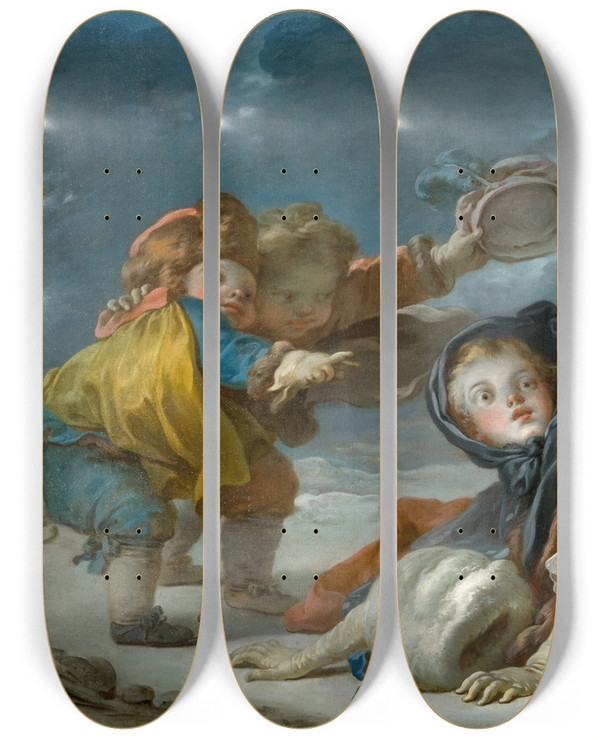 Triptych art skateboard deck of Jeanhonor Fragonard Winter by Jean-Honor Fragonard (1732-1806)