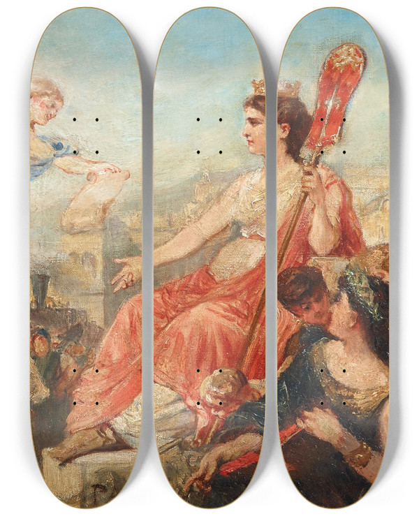 Triptych art skateboard deck of Cesare Dellacqua Triest Allegory Study by Cesare Dellacqua (1821-1905)