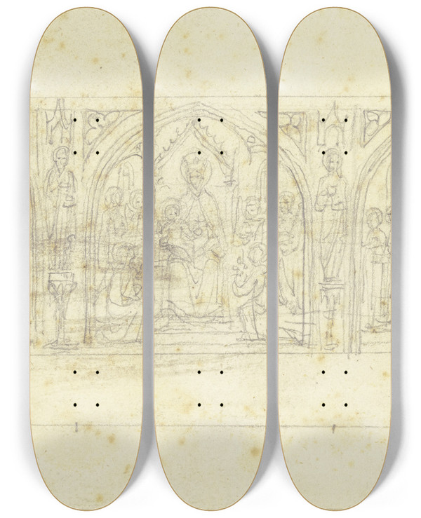 Triptych art skateboard deck of Konrad Eberhard Madonna Mit Engeln Und Dem Heiligen Lukas by Konrad Eberhard